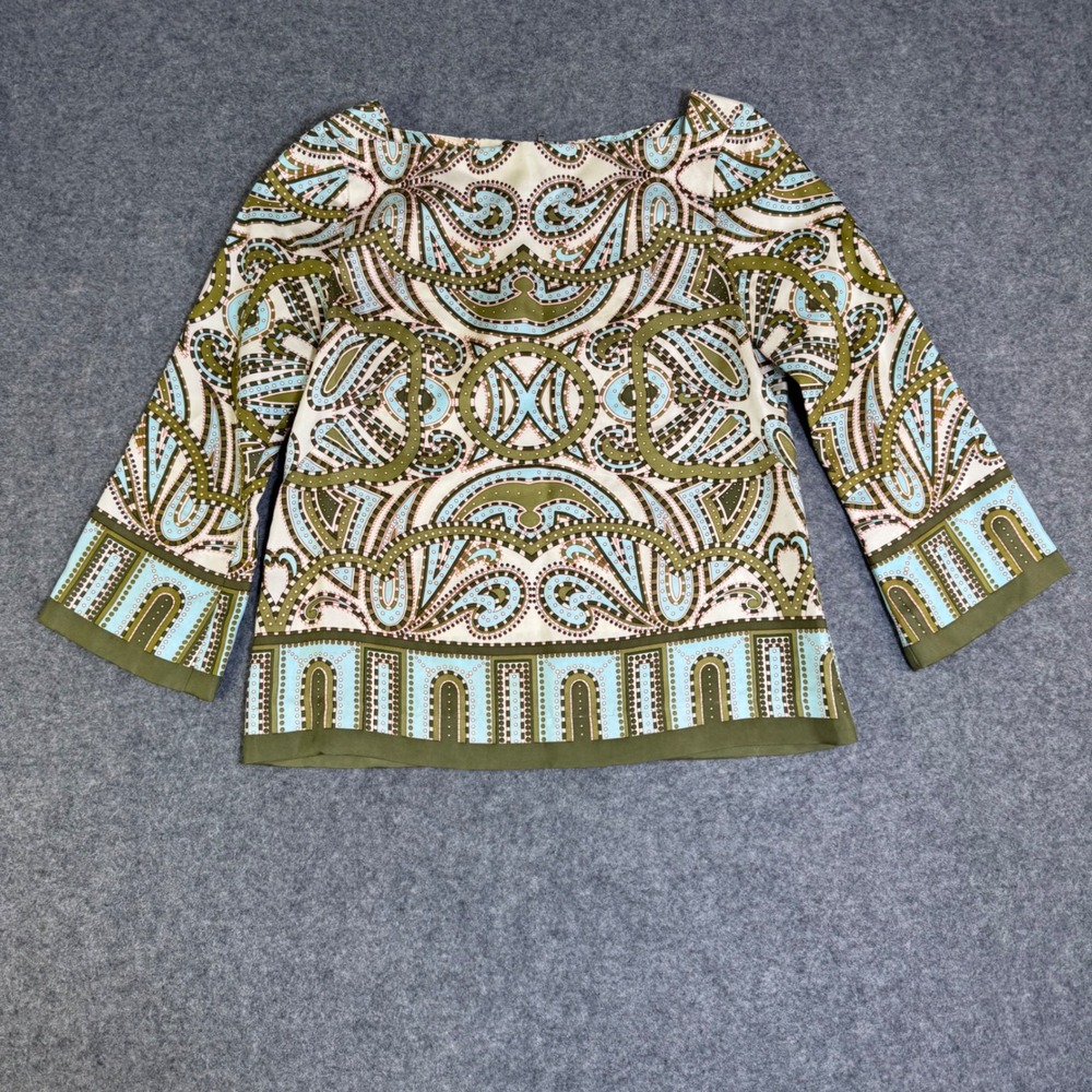 J.Crew Womens 100% Silk Paisley Print Boatneck Blouse Green Blue 0